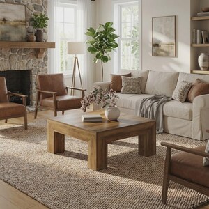Puede incluir: Un salón acogedor con una paleta de colores neutros. Cuenta con un sofá de color claro con cojines decorativos, dos sillones de cuero, una mesa de centro de madera y una alfombra tejida. Una chimenea y grandes ventanas contribuyen al ambiente acogedor.