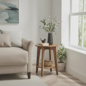 May include: A small, round wooden side table with a lower shelf. A black vase with greenery, a decorative bird, and a small basket are on top. A beige sofa and a potted plant are nearby, creating a cosy living room scene.