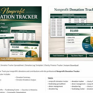 May include: A digital graphic for a nonprofit donation tracker. The design features a dark green and gold header with the text "Nonprofit DONATION TRACKER." The tracker includes donation logs, summary reports, and donation analysis.