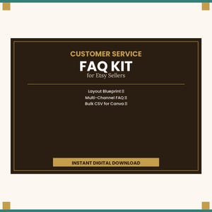 May include: A digital product graphic with a dark brown background and gold border. The text reads "CUSTOMER SERVICE FAQ KIT for Etsy Sellers." Additional text includes "Layout Blueprint," "Multi-Channel FAQ," and "Bulk CSV for Canva." The bottom reads "INSTANT DIGITAL DOWNLOAD."