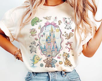 Koszulka vintage Disney Princess Sidekicks, koszulka z kokardą Magic Castle Coquette, koszulka Magic Kingdom, koszulka rodzinna Disney, koszulka Disney Trip