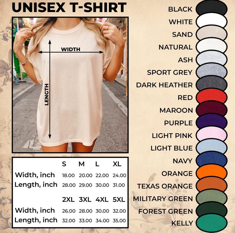 Puede incluir: Camiseta unisex beige con medidas en pulgadas. La imagen muestra el ancho y largo de la camiseta, junto con una tabla de colores. Los colores disponibles incluyen negro, blanco, rojo y naranja.