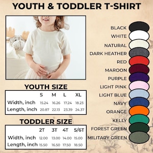 Puede incluir: Se muestra una camiseta beige para ni&ntilde;os y beb&eacute;s, con opciones de talla y color. El ancho de la camiseta var&iacute;a de 30,48 a 46,30 cm, y el largo de 39,37 a 61,89 cm. Las opciones de color incluyen negro, blanco, natural y m&aacute;s.