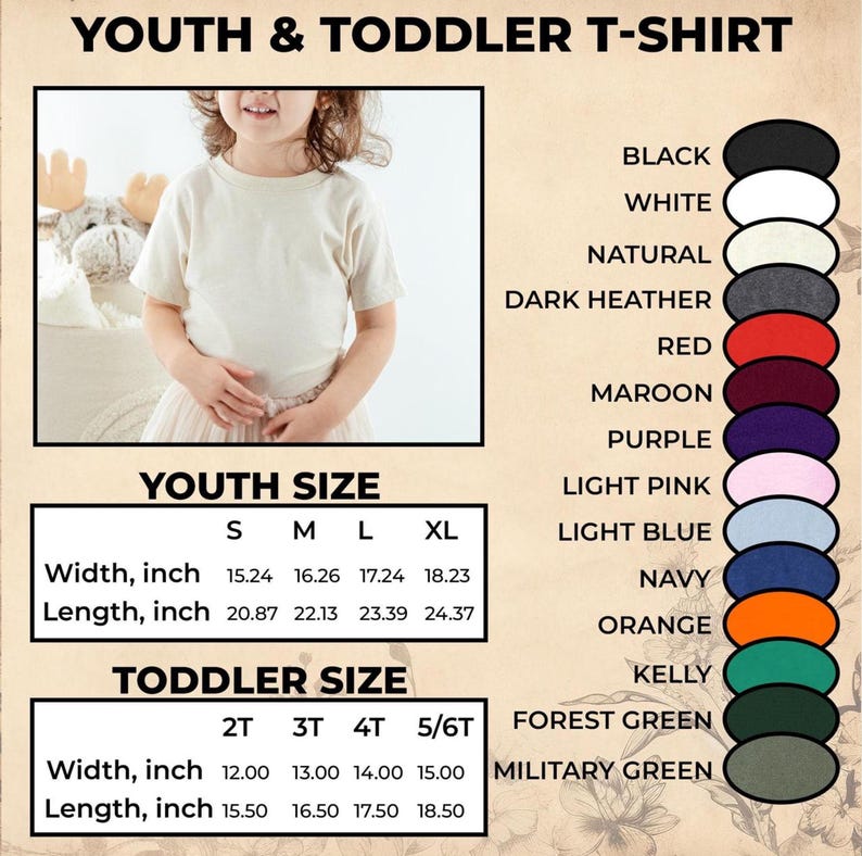 Puede incluir: Se muestra una camiseta beige para ni&ntilde;os y beb&eacute;s, con opciones de talla y color. El ancho de la camiseta var&iacute;a de 30,48 a 46,30 cm, y el largo de 39,37 a 61,89 cm. Las opciones de color incluyen negro, blanco, natural y m&aacute;s.