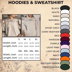 Puede incluir: Imagen que muestra sudaderas con capucha y sudaderas. Se incluye una tabla de tallas con medidas en cm. Se muestra una paleta de colores, con negro, blanco, arena y otros tonos. El texto "HOODIES & SWEATSHIRT" est&aacute; en la parte superior.