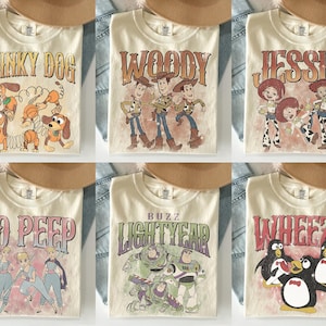 Retro Disney Pixar Toy Story shirt met alle personages, vintage Toy Story shirt, Woody Buzz Jessie Bo Peep, bijpassende T-shirt familiegroep Disneyland afbeelding 1