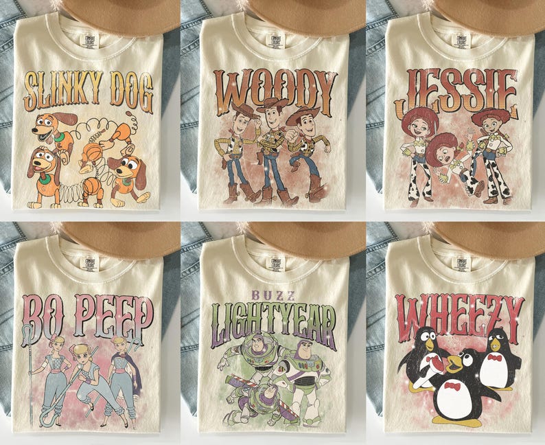 Retro Disney Pixar Toy Story shirt met alle personages, vintage Toy Story shirt, Woody Buzz Jessie Bo Peep, bijpassende T-shirt familiegroep Disneyland afbeelding 1