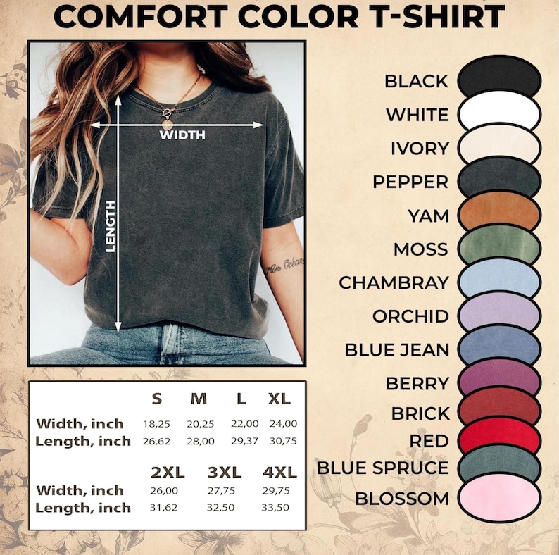 Puede incluir: Una camiseta Comfort Color de color gris oscuro. La imagen muestra las medidas de ancho y largo en pulgadas para las tallas S a 4XL. Las opciones de color incluyen negro, blanco, marfil, pimienta, &ntilde;ame, musgo, y m&aacute;s.