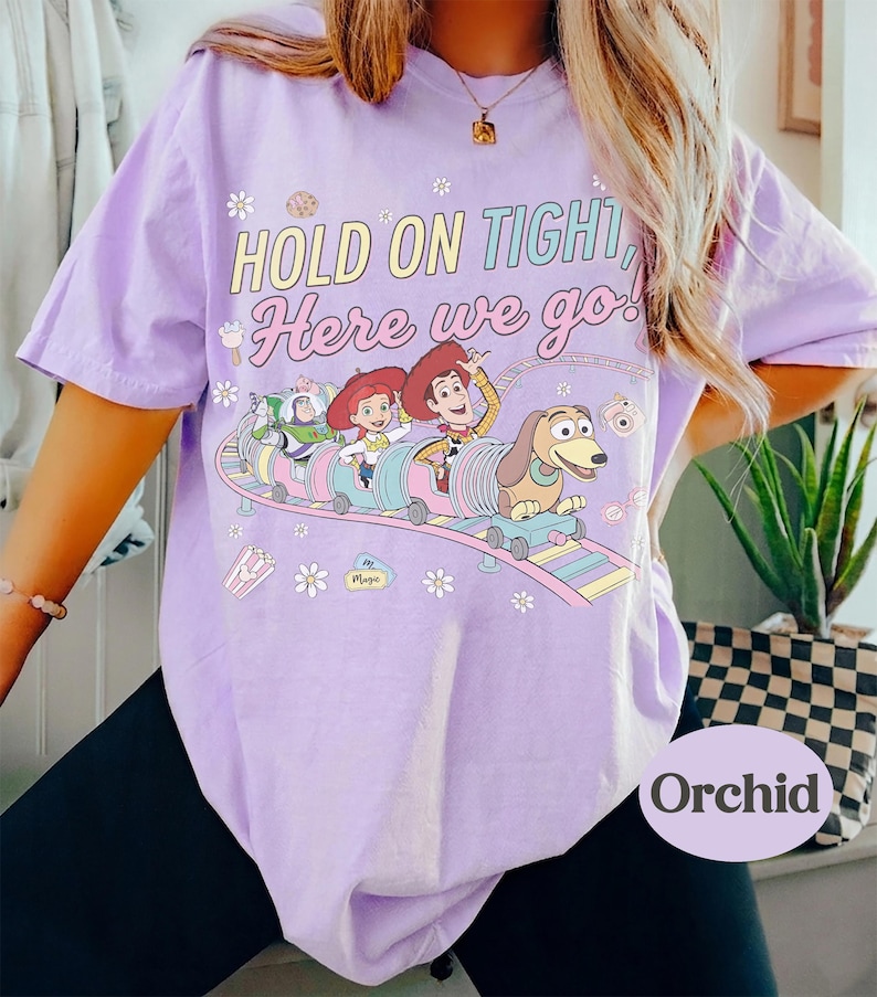 May include: A light purple t-shirt featuring a colorful graphic of characters from the movie Toy Story on a roller coaster. The text "HOLD ON TIGHT, Here we go!" is printed above the graphic. The shirt has short sleeves.