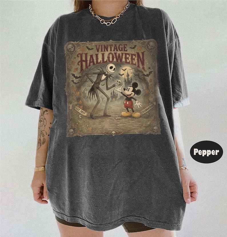 Retro Halloween Nightmares Comfort Colors Shirt, Jack Skellington Mickey Tee, Spooky Disney Halloween Shirt, Retro Halloween Graphic Tee image 1