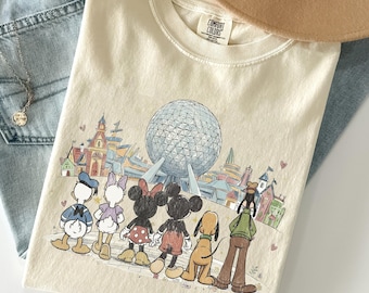 Camiseta retro de Disney EPCOT Mickey y sus amigos, camiseta de viaje a Disney World EPCOT, camiseta con personajes de los parques Disney, camiseta de vacaciones familiares de Disney