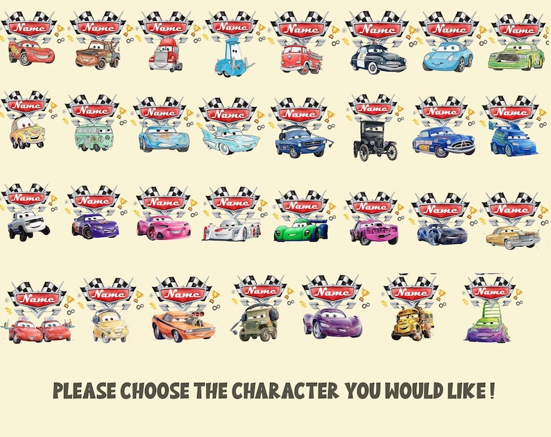 May include: A selection of cartoon car illustrations, each with a name banner and racing flag design. The cars are in various colours and styles, with the text "PLEASE CHOOSE THE CHARACTER YOU WOULD LIKE!" at the bottom.