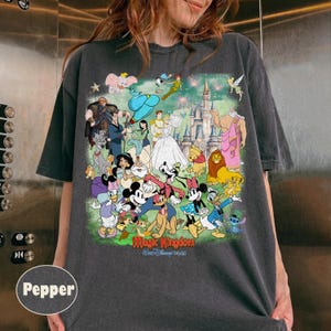 Może przedstawiać: Ciemnoszara koszulka z kolorową grafiką postaci Disneya, w tym Myszki Miki, Kaczora Donalda i Kopciuszka, z napisem "Magic Kingdom" i "Walt Disney World". Projekt zawiera zamek i fajerwerki.