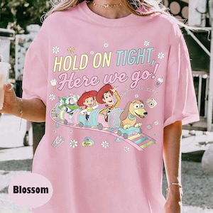 May include: Pink t-shirt with a colorful graphic of Toy Story characters on a roller coaster, with the text "HOLD ON TIGHT, Here we go!" in yellow and blue. The shirt has a relaxed fit.