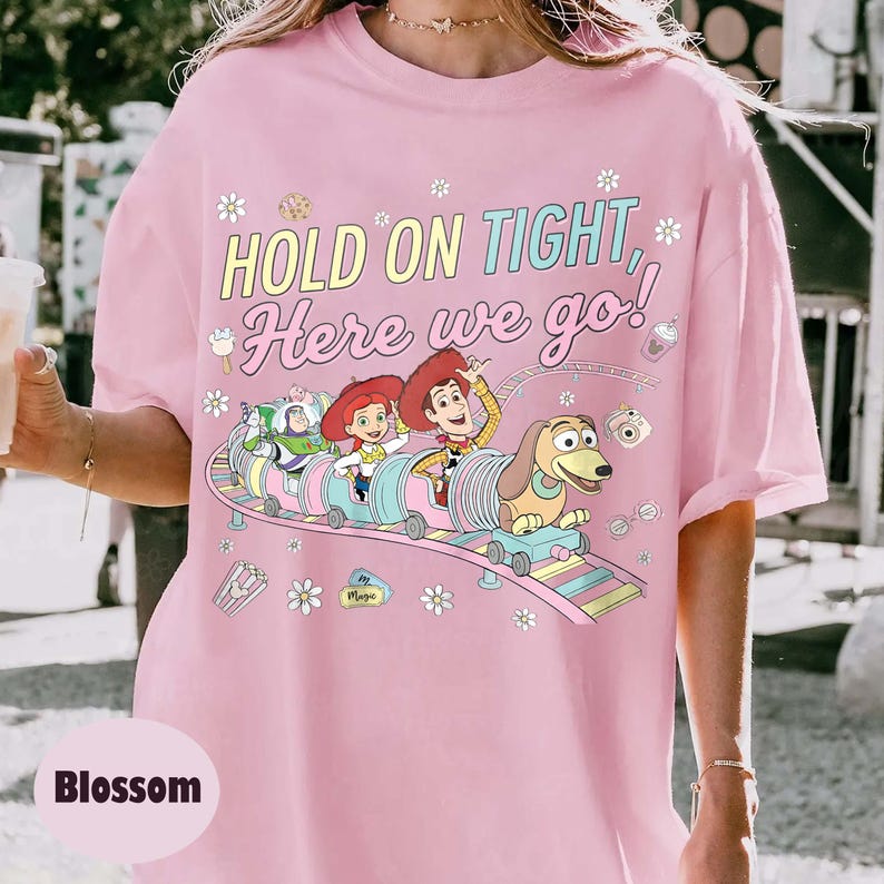 May include: Pink t-shirt with a colorful graphic of Toy Story characters on a roller coaster, with the text "HOLD ON TIGHT, Here we go!" in yellow and blue. The shirt has a relaxed fit.
