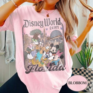 May include: Pink t-shirt featuring a vintage-style graphic of Disney World in Florida, with Mickey Mouse, Minnie Mouse, Donald Duck, and other characters. The text "Disney World Est. 1971" and "Florida" are also displayed.