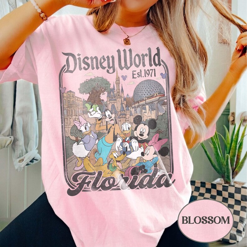 May include: Pink t-shirt featuring a vintage-style graphic of Disney World in Florida, with Mickey Mouse, Minnie Mouse, Donald Duck, and other characters. The text "Disney World Est. 1971" and "Florida" are also displayed.