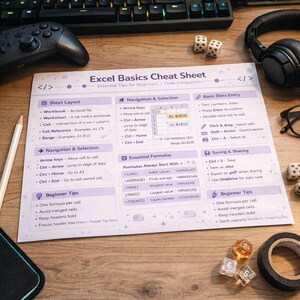 May include: A printed Excel Basics Cheat Sheet with essential tips for beginners, featuring formulas, navigation, and basic data entry instructions. The sheet is surrounded by a keyboard, dice, headphones, and other office supplies.
