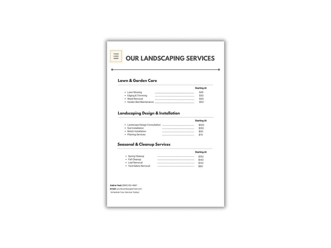 Create Landscape List Landscaping Price List Template | Editable Lawn & Landscape Pricing ...