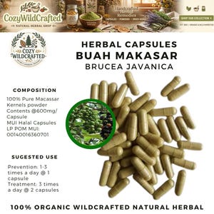 May include: Herbal capsules labeled "Buah Makasar Brucea Javanica" with a green and white background. The image features a pile of light brown capsules, a green circular image of green berries, and text describing the product's composition and suggested use.