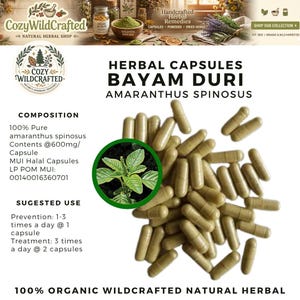 Peut inclure: Capsules de plantes étiquetées "Bayam Duri Amaranthus Spinosus". Les gélules sont de couleur brun clair et sont dispersées sur un fond blanc. L'étiquette indique qu'elles sont 100% biologiques et sauvages. Une illustration de plante verte est également présente.