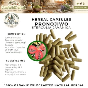 Könnte beinhalten: Eine Ansammlung hellgrüner Kräuterkapseln mit der Aufschrift Pronojiwo Sterculia Javanica. Der Text gibt 100% Sterculia Javanica Pulver mit 600mg pro Kapsel, MUI Halal Zertifizierung und Anwendungshinweise an. Ein runder Einsatz zeigt eine rote Blume.