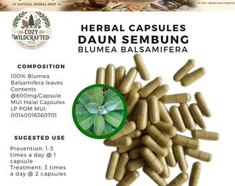 May include: Image of herbal capsules labeled "Daun Sembung Blumea Balsamifera." The capsules are a light brown color and are scattered across a white background. The image also includes text about the product's composition and suggested use.