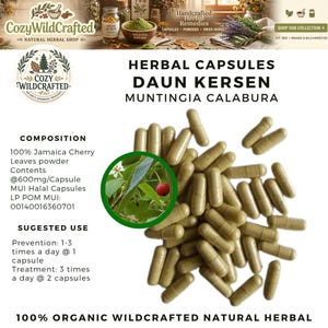 Puede incluir: Imagen de cápsulas herbales etiquetadas como "Herbal Capsules Daun Kersen Muntingia Calabura". Las cápsulas son de color verde claro y están dispersas sobre un fondo blanco. Una imagen circular muestra una cereza y hojas.
