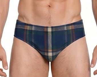 Bañador tipo slip de cuadros para hombre – Coastal Grove / Traje de baño de diseño en azul marino y verde / Traje de baño minimalista de corte deportivo