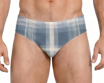 Men’s Plaid Swim Briefs – Coastal Mist | Coastal Blue & Sea Mist Swimwear | Minimalist Athletic Fit Bathing Suit