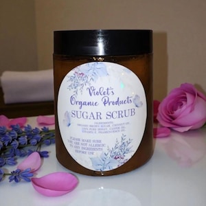Violet's Organic Sugar Scrub:Deep exfoliation,intense hydration, and anti-aging benefits. Helps skin elasticity, leaving skin smooth.