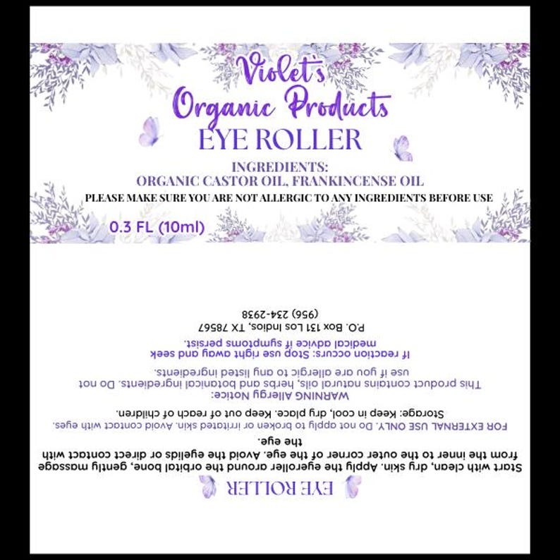 Pu&ograve; includere: Un'etichetta bianca per il prodotto Violet's Organic Products Eye Roller, con motivi floreali e farfalle viola. L'etichetta elenca gli ingredienti: olio di ricino biologico, olio di incenso e consigli sulle allergie. Il prodotto contiene 10 ml.