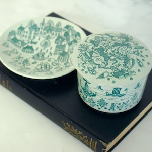 Danish Nymolle Art Faience Ceramic Demitasse Covered Dish and Plate Dish Set- Hoyrup