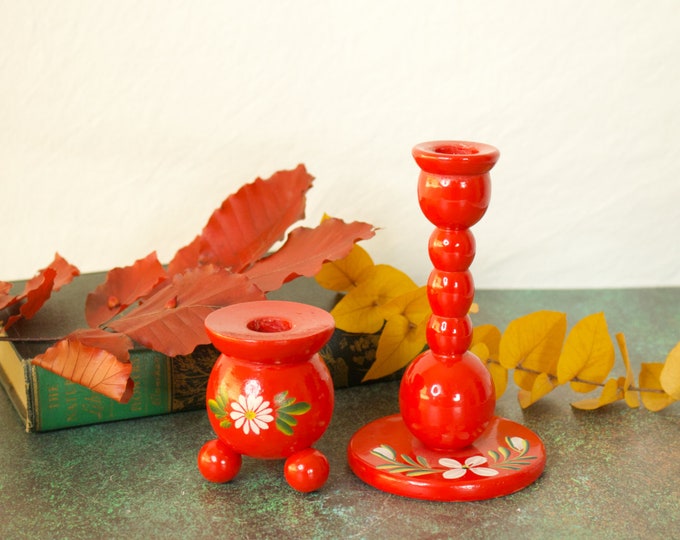 Red Wooden Swedish Candle Holders Etsy