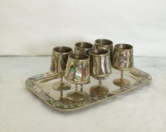 Vintage Mexican Abalone Cordial Set: "Alpaca" Silver, 6 Goblets & Tray