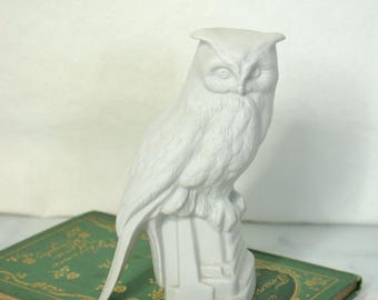 White Ceramic Bisque Owl Figurine- Made in France