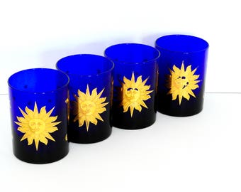 Culver Cobalt Blue and Gold Sun Drinking Glasses