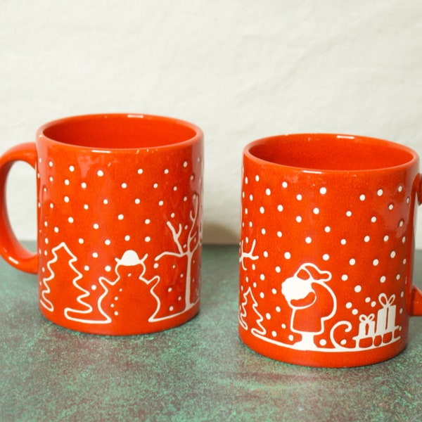 Waechtersbach Red Pottery Holiday Themed Mugs- Snowman- Santa-AS IS