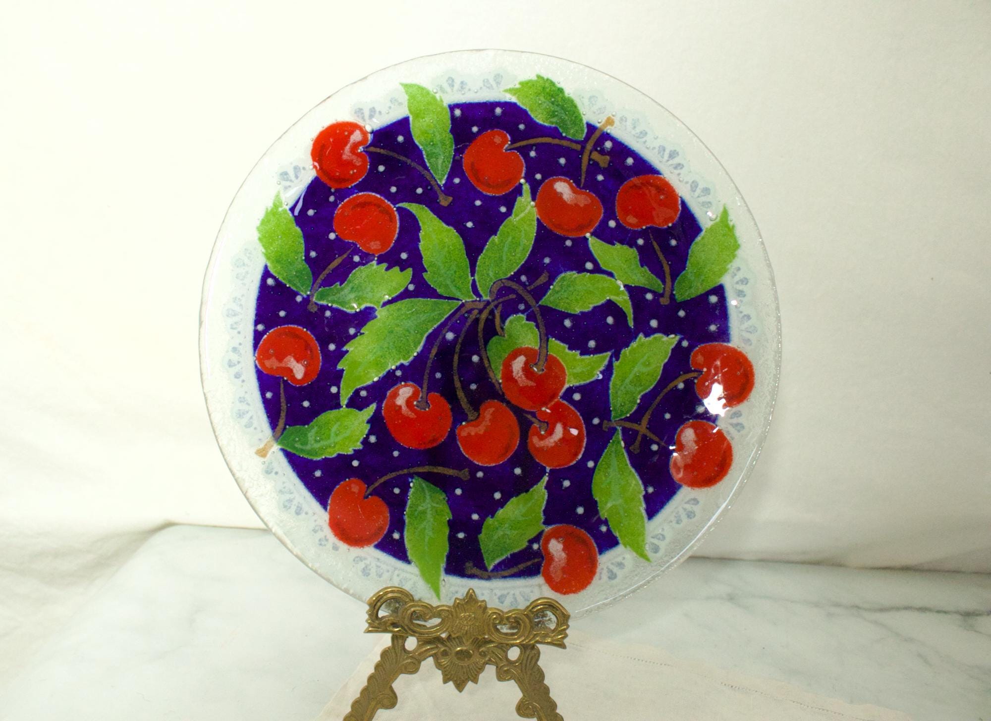 Peggy Karr Glass Cherry Pattern Decorative Round Plate - Etsy Canada