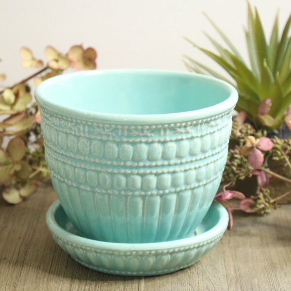 Aqua McCoy Pottery Planter- Beaded Pattern