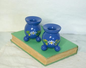 Blue Wooden Swedish Ball Candle Holders