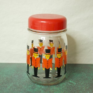 Vintage Glass Canister Jar Plastic Screw-On Lid, Line-Up of Little Men in Red Coats & Top Hats Castro, Argentina