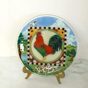 Peggy Karr Glass Round Rooster Plate- Farmhouse Decor