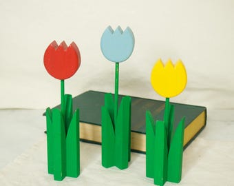 Trio of Wooden Tulip Figurines- Shelf Decor