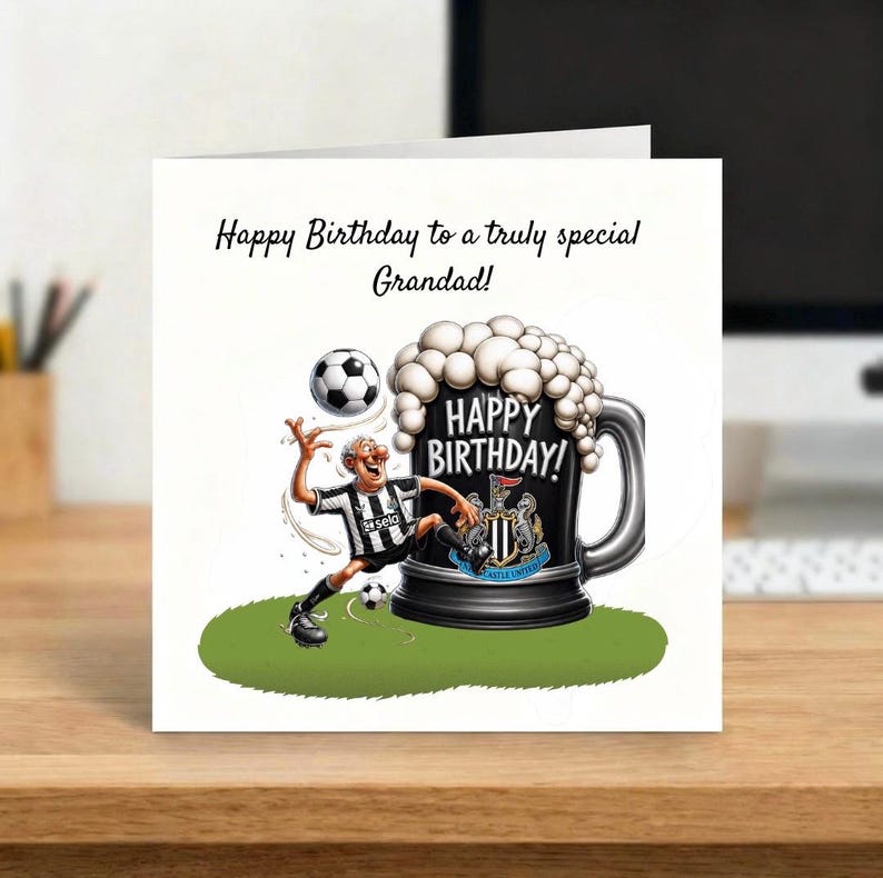 May include: A birthday card with the text "Happy Birthday to a truly special Grandad!" features a cartoon of a soccer player and a large beer mug with the words "Happy Birthday!" The card has a white background.