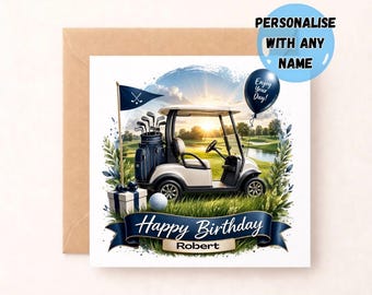 Golf Birthday Card for Him, Personalised Happy Birthday Card with Golf Cart, Funny Golf Birthday Card for Dad Husband Friend Son Brother