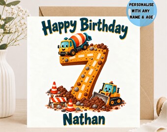 Op de afbeelding: Een vierkante verjaardagskaart met de tekst Happy Birthday en Nathan. Het ontwerp bevat een groot cijfer zeven in de vorm van een weg, een gele betonmixer, een gele bulldozer, oranje verkeerskegels en bruine aarde.