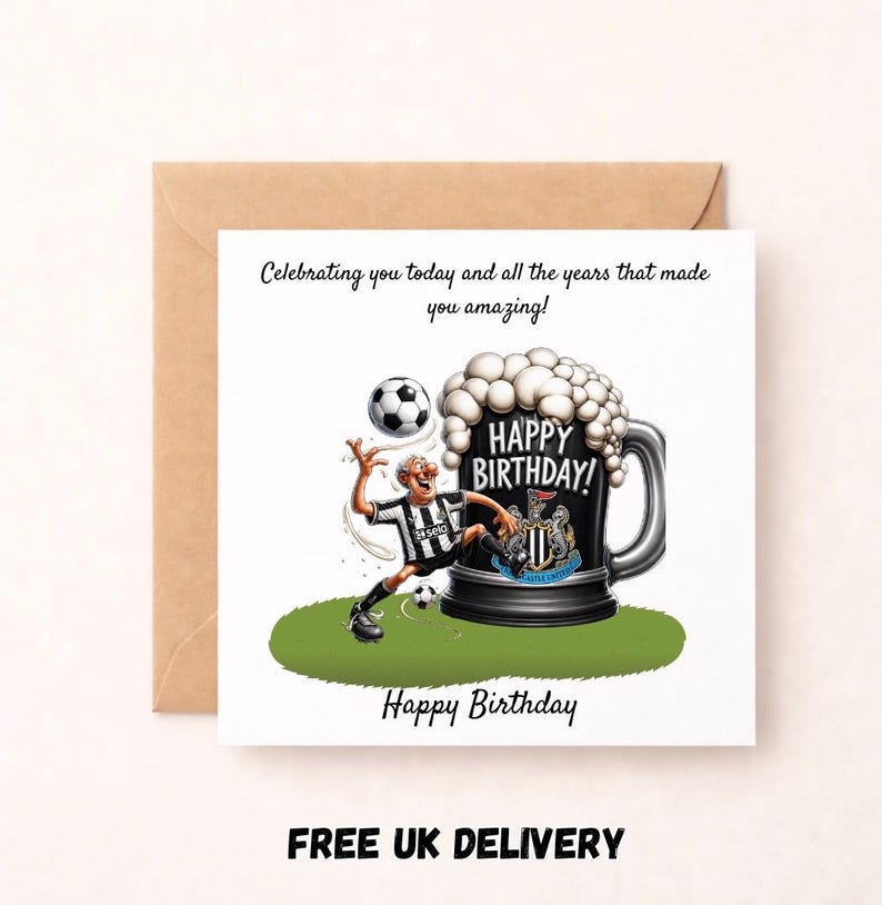 May include: A birthday card featuring a cartoon of a soccer player kicking a ball, with a large beer mug that says "Happy Birthday!". The card has the text "Celebrating you today and all the years that made you amazing!" and "Happy Birthday".