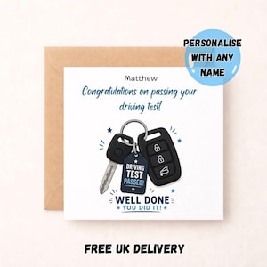 Peut inclure: Une carte de vœux carrée avec une illustration d'une clé de voiture et d'une télécommande avec une étiquette indiquant DRIVING TEST PASSED!. Le texte sur la carte indique Matthew, Congratulations on passing your driving test!, et WELL DONE YOU DID IT!.