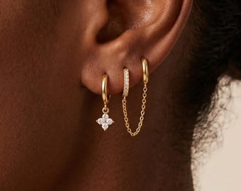 18K Gold Filled CZ Chain Hoop Earrings Set,Dainty Gold Layered Huggie Hoop Drop Earrings,Minimalist Gift for Her